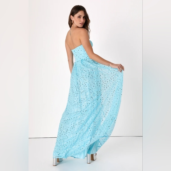 Lulus Radiant Reflection Light Blue Sequin Tulle Strapless Maxi Dress M Wedding - Picture 5 of 10